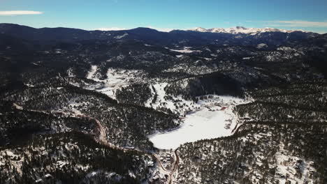 Unique-high-altitude-incredible-scenic-view-of-Evergreen-Colorado-aerial-drone-Mount-Evans-Bluesky-three-sisters-lake-house-golf-course-high-school-winter-sunny-morning-Denver-open-space-circle-left