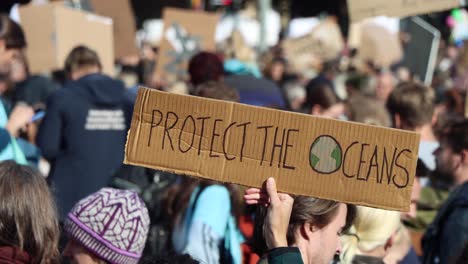 Vista-Cercana-Del-Cartel-De-&quot;proteger-Los-Océanos&quot;-En-Una-Manifestación-Climática-En-Estocolmo