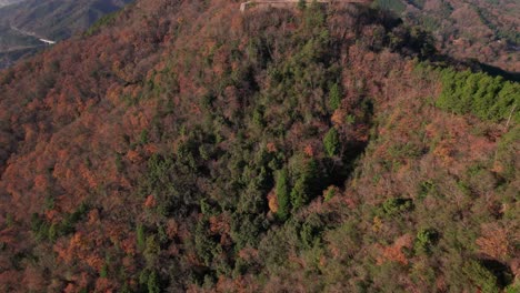 Luftdrohne-Fliegt-über-Grün-gelbe-Baumstruktur-über-Japanischer-Bergkette,-Luftdrohne-Landschaft,-Hyogo-Asago-Takeda-Burgruinen-Japan