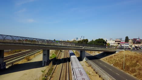 Aerial-view-of-BART-train-,-sunny-day-in-San-Francisco