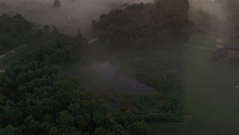 Aerial-view-of-wild-heather-in-countryside-during-foggy-morning,-Netherlands