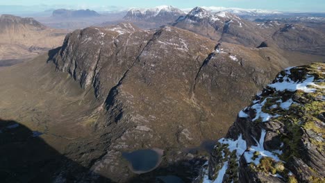 Aerial-epic-mountain-landscape,-Coigach,-Highlands,-Scotland