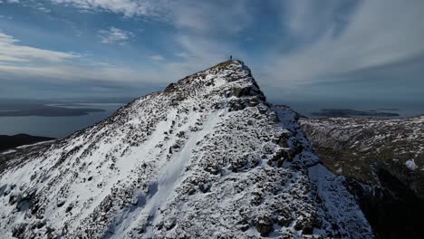 Silueta-De-Caminante-Aéreo-En-La-Cumbre-Nevada-De-Sgurr-An-Fidhlair,-Coigagh,-Tierras-Altas,-Escocia