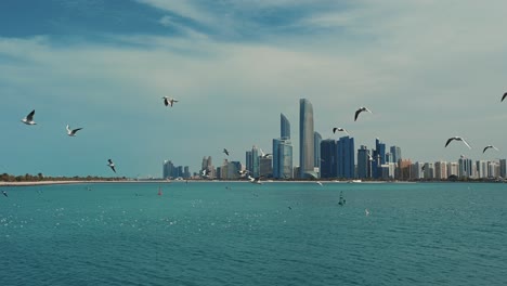 Zugvögel-Schweben-über-Dem-Meer-Mit-Der-Skyline-Von-Abu-Dhabi-Im-Hintergrund-In-Den-Vereinigten-Arabischen-Emiraten