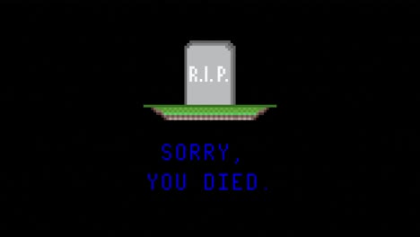 Humorous-pixel-art-animation:-a-tombstone-plummeting-from-the-sky-onto-a-grave-,-bearing-the-message:-Sorry,-you-died