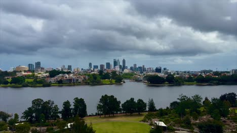 Skyline-of-Perth,-Western-Australia-looking-above-from-Optus-Stadium-across-Claisebrook-Cove-in-East-Perth-with-a-murky-sky