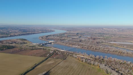 Aerial-Panoramic-Rhône-Passerelle-suspension-bridge-Near-Avignon