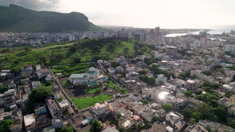 Plaine-verte-in-port-louis,-mauritius-with-cityscape-and-ocean,-aerial-view