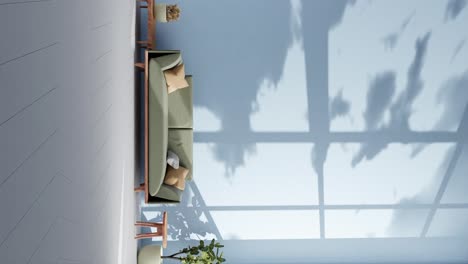 Vertikales-Wohnzimmer-Einer-Modernen-Wohnung-Mit-Couch-Und-Schatten-Von-Wolken,-Die-Sich-Durch-Eine-Sanfte-Sommerbrise-An-Der-Wand-Bewegen,-Rendering-Animationsarchitektur-Innendesignkonzept