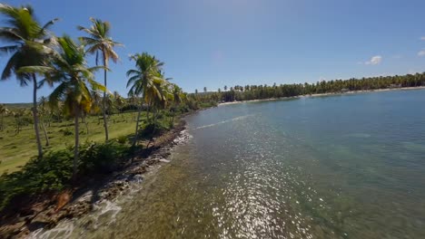 Sonnenlicht-Glitzert-Am-Wunderschönen-Küstenstrand-Von-Asserradero,-Während-Eine-FPV-Drohne-Unter-Palmen-über-Die-Küste-Rast,-Samana,-Dominikanische-Republik