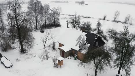 Aerial-view-of-snowy-cottage-yard,-frozen-bare-tree-winter-environment