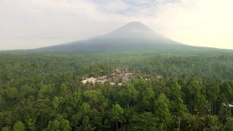 Una-Encantadora-Vista-Aérea-Revela-Un-Pintoresco-Pueblo-Rodeado-Por-Un-Bosque-Verde,-Mientras-Un-Majestuoso-Volcán-Se-Alza-Elegantemente-Al-Fondo,-Un-Espectáculo-Atemporal-De-La-Armonía-De-La-Naturaleza.