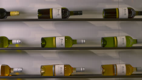 Selection-of-wines-lying-on-side-on-shelf-for-display-in-shop,-red,-white-and-rose