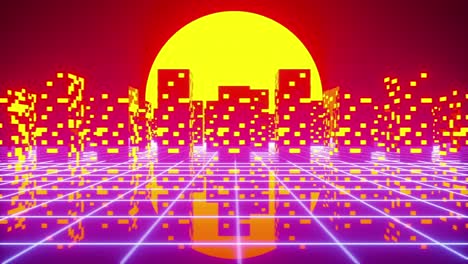 Retro-Synthwave-Stadtbild-Mit-Neonlicht-Und-Sonnenuntergang-Oder--aufgang-Im-Hintergrund,-4K-Animation