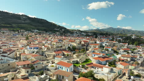 Aerial-Rising-Above-Pano-Lefkara-Village-Neighbourhood-on-Sunny-Day-in-Larnaca-District,-Cyprus