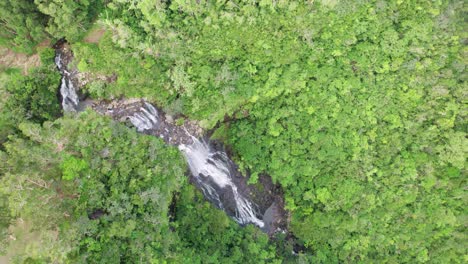 A-cascading-waterfall-amidst-lush-greenery-in-south-mauritius,-tranquil-nature-scene,-aerial-view