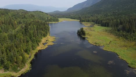 Beautiful-Panoramic-Views-Across-Seeley-Lake-Provincial-Park-with-an-Aerial-Drone,-Smithers-in-Canada