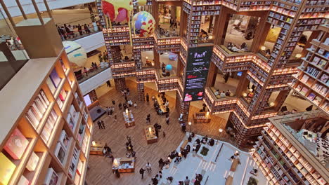 Crowded-with-Visitors-Starfield-Suwon-Library-in-Grand-Shopping-Mall-With-Open-Spacious-Environment---View-from-7th-Floor---top-down-gimbal-reveal