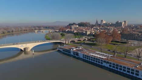 Avignon's-Historic-Bridge-and-Palais-Backdrop---aerial-flyover