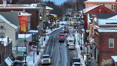 Aerial-rising-shot-of-a-downtown-street