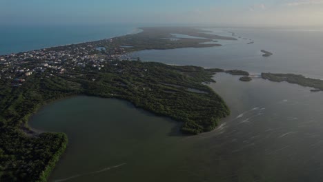 Wide-Aerial-of-Large-Costal-Island-in-Middle-of-Ocean,-Holbox