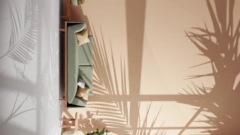 vertical-of-Modern-apartment-living-room-shadows-of-plant-moving-on-sand-brown-wall-by-gently-summer-wind-breeze-rendering-animation-Architecture-interior-design-concept