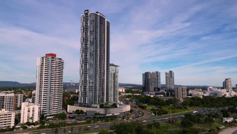 Left-to-right-aerial-view-over-the-Meriton-Building-on-the-Broadwater-on-the-Gold-Coast,-Australia