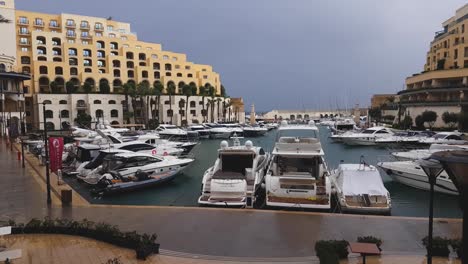 Boats,-yachts-and-luxury-accommodation-in-the-beautiful-Portomaso-Marina,-St,-Julians,-Malta,-background-shot-with-copy-space