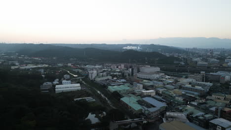 Aerial-Drone-View,-hazey-Sky,-Luzhu-Industrial-District,-Taoyuan-Taiwan