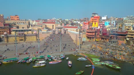 AERIAL-view-of-Dashashwamedh-Ghat,-Kashi-Vishwanath-Temple-and-Manikarnika-Ghat-Manikarnika-Mahashamshan-Ghat-Varanasi-India