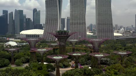 Gardens-By-The-Bay-In-Singapur-Mit-Schwenkaufnahme,-Die-Das-Marina-Bay-Sands-Hotel-Zeigt