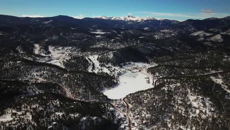 Unique-high-altitude-incredible-scenic-view-of-Evergreen-Colorado-aerial-drone-Mount-Evans-Bluesky-three-sisters-lake-house-golf-course-high-school-winter-sunny-morning-Denver-open-space-forward-slow