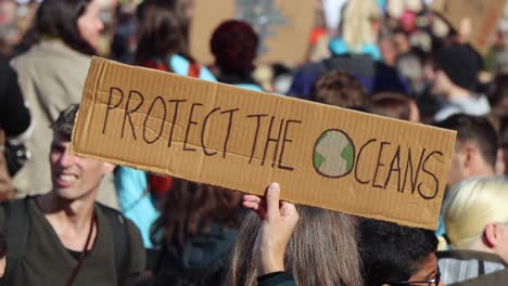 Close-view-of-"Protect-the-oceans"-sign-at-environmental-rally,-slomo