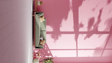 Sala-De-Estar-Vertical-Y-Moderna-Con-Sofá-Y-Sombras-De-Nubes-Moviéndose-En-La-Pared-Por-La-Suave-Brisa-Del-Viento-De-Verano,-Representación-De-La-Animación,-Arquitectura,-Diseño-De-Interiores,-Concepto,-Timelapse.