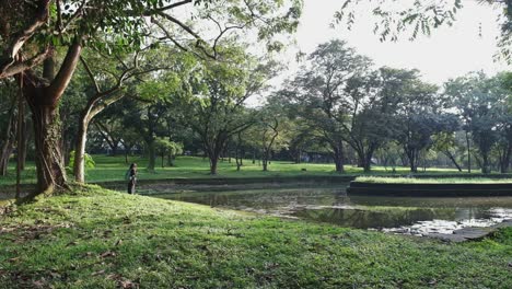 Una-Joven-Con-Mochila-Se-Sienta-Junto-Al-Lago-En-El-Parque