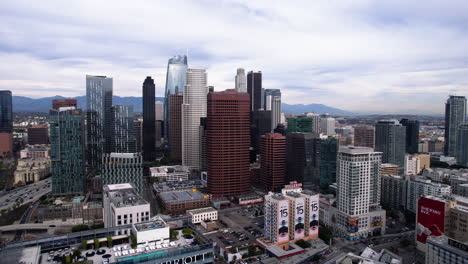 Downtown-Los-Angeles-California-USA,-Aerial-View-of-Skyscrapers-and-Towers-on-Cloudy-Day,-Drone-Shot