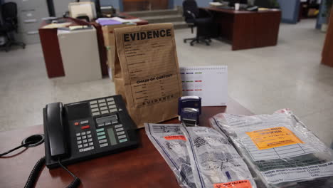 Beweismittelbeutel-Auf-Einem-Schreibtisch-In-Einer-Polizeistation
