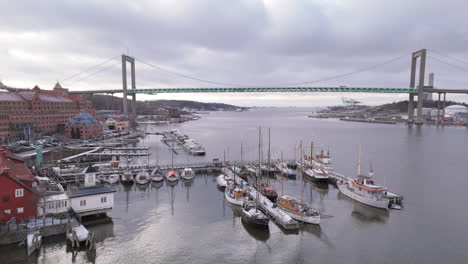 Aerial-view-of-harbor-and-Älsvsborg-bridge-spanning-Göta-älv-river,-Gothenburg