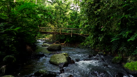 Low-aerial-over-calming-jungle-stream-running-beneath-wooden-bamboo-bridge,-Bali