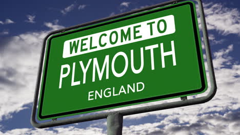 Welcome-to-Plymouth,-England,-UK-City-Road-Sign,-Realistic-3D-Animation