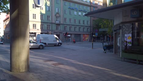 Static-view-of-traffic-on-Sveavagen,-Palme's-death-place-in-Stockholm