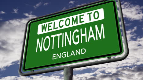 Welcome-to-Nottingham,-England,-UK-City-Road-Sign,-Realistic-3D-Animation