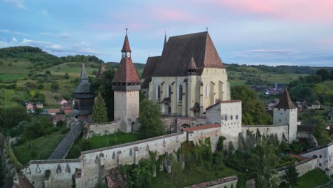 Biertan-Fortified-Church-in-Transylvania,-Romania---Aerial-4k-Circling