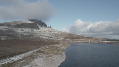 Loch-Leathan-lake-with-Old-Man-of-Storr-in-background,-Isle-of-Skye-in-winter-season,-Scotland