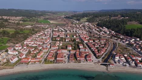 Aerial-drone-view-of-Siviri-beach-in-Halkidiki,-Greece