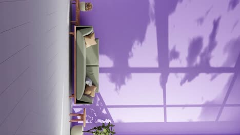 Modernes-Wohnzimmer-In-Einer-Wohnung-Mit-Couch-Und-Wolkenschatten,-Die-Sich-Bei-Sanfter-Sommerbrise-An-Der-Violetten-Wand-Bewegen.-Rendering-Animation,-Architektur,-Innenarchitektur-Konzept,-Vertikaler-Zeitraffer