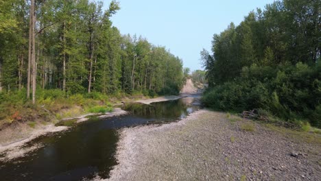 Low-Flying-Drone-Over-Bulkley-River-with-Alpine-Trees-Either-Side-near-Northwood-Picnic-Site,-Houston,-Canada