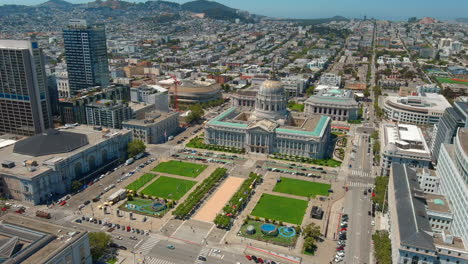 San-Francisco-City-Hall,-wide-aerial-establishing-shot