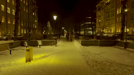 Snowy-evening-in-Stockholm-with-pedestrians-walking-on-a-path-lined-with-street-lamps-and-benches