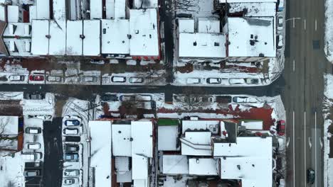 Top-down-view-of-American-city-street-after-snow-storm-in-northeast-USA